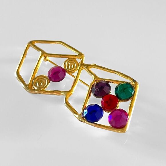 Vintage Gold Dice Rhinestone Brooch - Picture 2 of 4